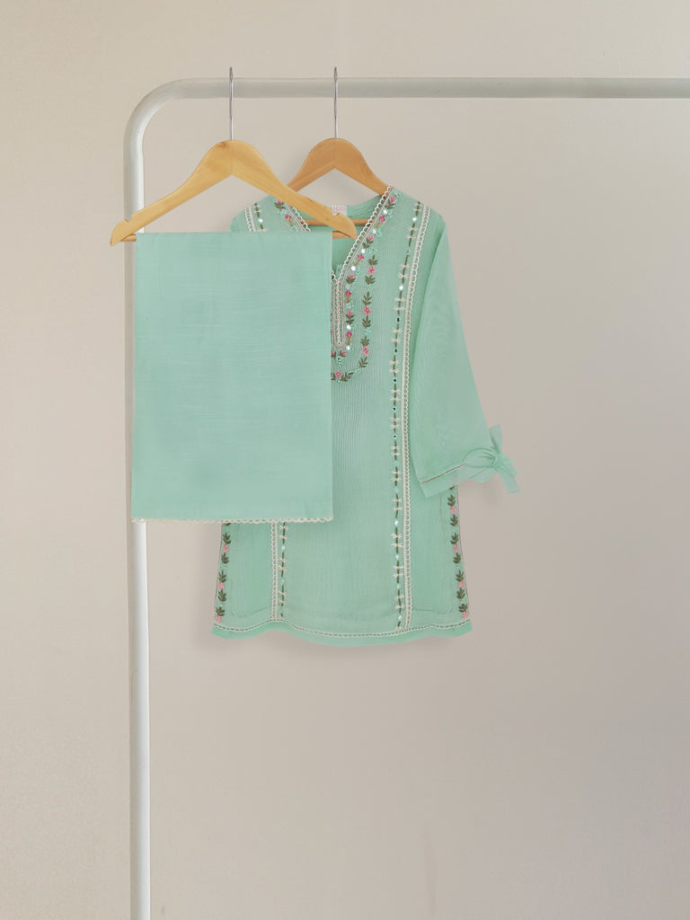 (KIDS) PURE COTTON NET HAND EMBROIDERED SHIRT AND SILK PANTS KD3581A