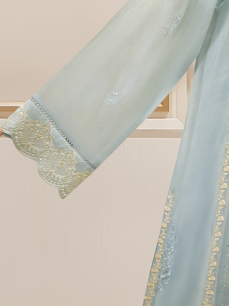 THREE PIECE 100% PURE RAW SILK EMBROIDERED SHIRT WITH ORGANZA DUPATTA AND SILK PANTS S107675