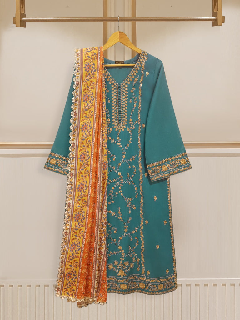 (Unstitched) 3 Piece -  Embroidered Khaddar Suit S108171